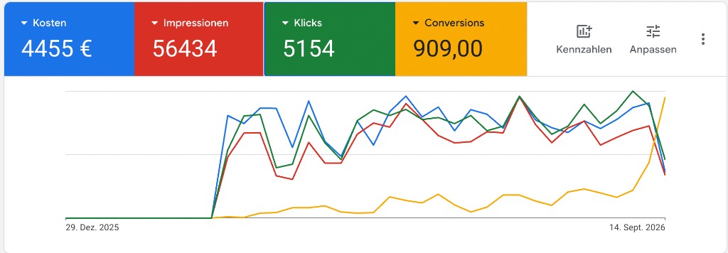 Google Ads Konto mit 56.434 Impressionen, 5.154 Klicks und 909 Conversions