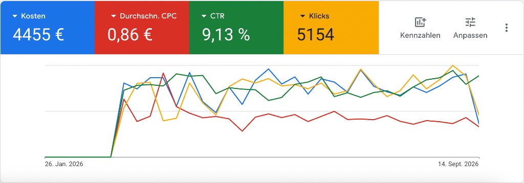 Google Ads Konto mit 9,13 % Klickrate und 0,86 € durchschnittlichem Klickpreis