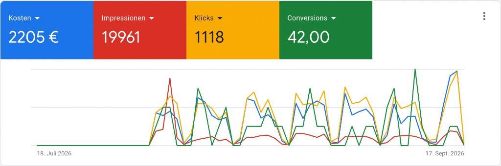 Google Ads Konto mit 19.961 Impressionen, 1.118 Klicks und 42 Conversions