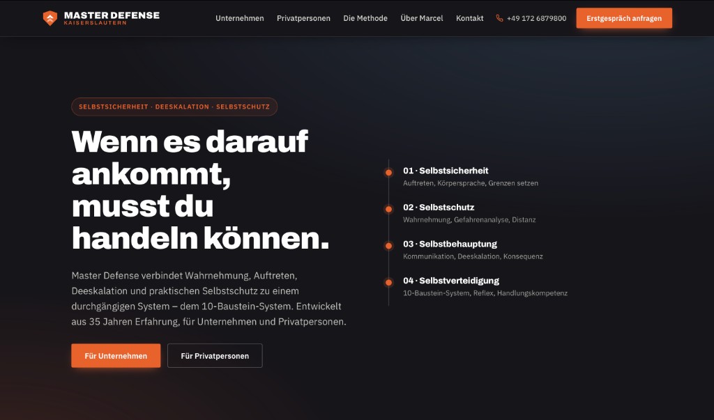 Website von Master Defense Kaiserslautern auf Desktop und Smartphone